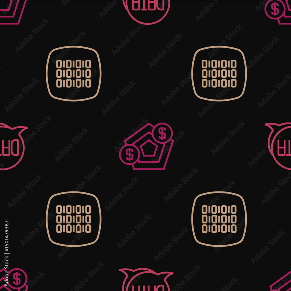 Poster set line data analysis, binary code and financial growth on seamless pattern. vector
