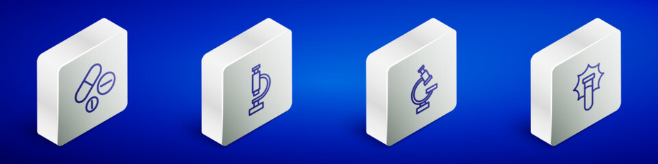 Set Isometric line Medicine pill or tablet, Microscope, and Explosion the flask icon. Vector