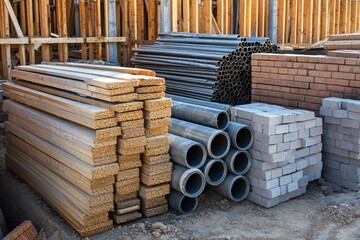 Wooden planks, metal pipes, and bricks are neatly stacked at a construction site. The materials are well organized and ready for use in building activities, showcasing the preparation of the area