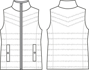 Women's Puffer Gilet. Technical fashion illustration. Front and back, white color. Unisex CAD mock-up. © DERYA