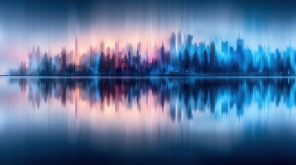 Fototapeta premium A city skyline reflected in a still lake at dawn, with vibrant colors and a spectral effect