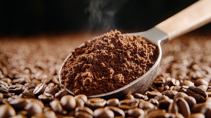 A captivating image of freshly ground coffee powder in a metal scoop resting on a bed of whole coffee beans, celebrating the rich aroma and culture of coffee.
