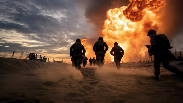 Soldiers run across the battlefield as a massive explosion erupts in the background.