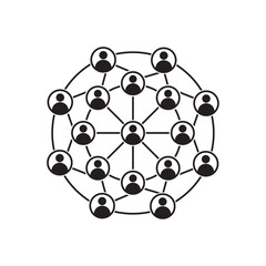 Circular social network diagram with central hub figure linked to 15 surrounding individuals, ideal for community, communication, user connection, team management, and organizational chart designs