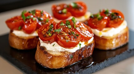 Savor these scrumptious toasts topped with fresh heirloom tomatoes and herbs, a perfect bite for any gathering or an elegant appetizer at events and gatherings.