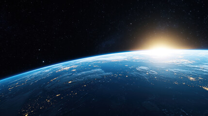 Fototapeta premium Stunning view of Earth from space, showcasing curvature of planet and sun rising on horizon, illuminating atmosphere