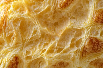 Close-up of a freshly baked croissant reveals its golden, flaky texture with visible layers and a warm appearance. The attention to detail highlights the artisanal quality of the pastry