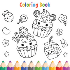 Kids coloring book with cartoon cakes and kawaii collection vector illustration