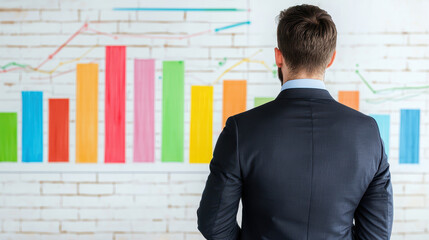Businessman in suit observes colorful bar graphs on wall, reflecting on data and trends with thoughtful expression