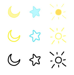 hand drawn SUN, MOON and STAR, stroke and filled style, Editable stroke. Vector illustration