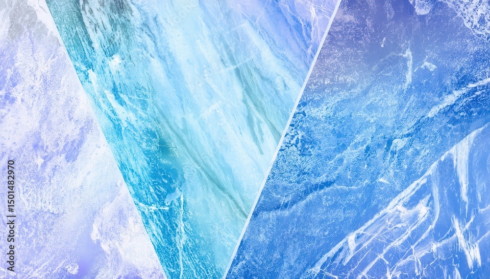 Poster  abstract frozen crystal texture with diagonal ice layers in cool blue and violet tones for web design, digital background, print branding, or packaging aesthetic