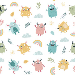 Seamless pattern with cute colorful monsters. Vector illustration. For textiles, packaging