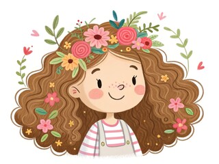 Adorable girl illustration with curly hair, floral accessories, and cheerful blush on her cheeks.