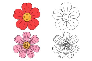 Obraz premium Cartoon Flower Clipart and Coloring Page – Printable Line Art for Kids