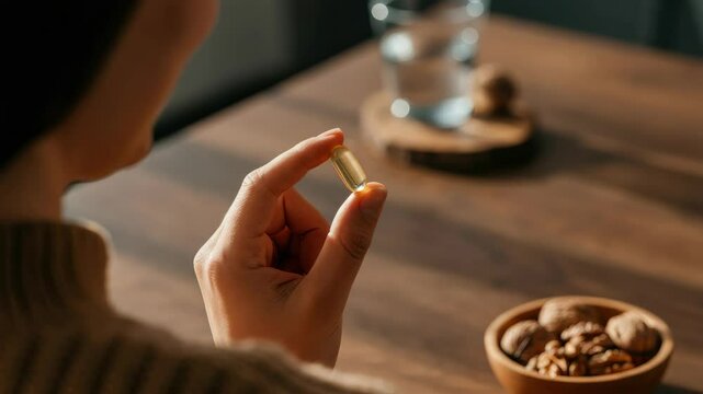 Woman holding supplement capsule near walnuts and glass of water on wooden table