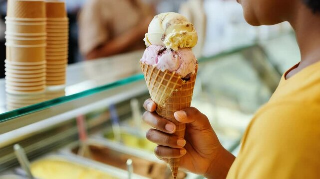 Close-up of person holding ice cream cone with two scoops at shop