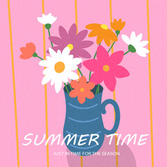 Summer square poster and background. Design with trendy floral illustration for advertising, sales, banners. Summer weekend and holiday concept, picnic. 