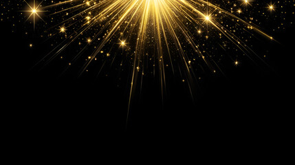 Obraz premium Shining golden stars isolated on black background. Effects, glare, lines, glitter, explosion, golden light. Vector illustration
