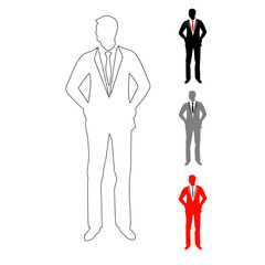 adult male fashion icon turning his head to the side wearing a suit with a long tie and hands bent at the waist, line icon, black, dark white and red colors