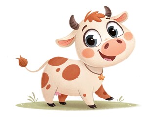 Cheerful cartoon cow character waving happily, ideal for playful or educational designs. Isolated on a white background.