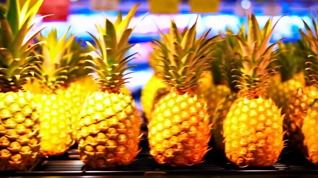 Close up row of ripe pineapples with green leaves on metal display rack under bright blurred grocery store lighting, tropical fruit selection
