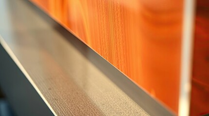 Abstract close up of an orange surface next to a metallic or light gray surface edge