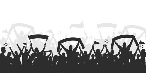 Energetic silhouette of soccer fans crowd holding banners and flags in a stadium celebration scene, ideal for sports promotions, football match posters, fan rally illustrations, and event graphics