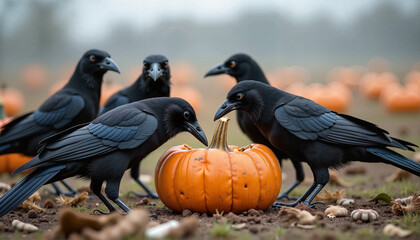 Crows Pecking at Pumpkins