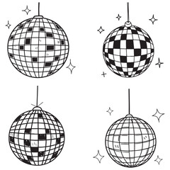 Contemporary minimalist line art illustration of disco ball. Hand drawn decorative element for party. 
Outline doodle drawing of 70s symbol