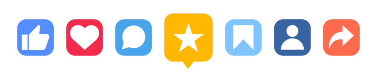 Set of seven colorful social media action icons including like, love, comment, favorite, save, profile, and share in square and speech bubble shapes for UI design and digital engagement tools