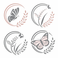 Elegant butterfly and floral wreath designs set, isolated on white