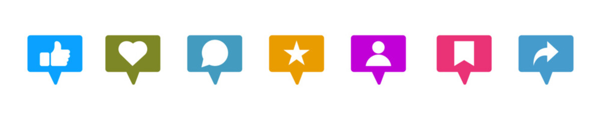 Colorful pointed speech bubble icons for social media actions including like, love, comment, favorite, profile, save, and share, ideal for app interfaces, web platforms, and digital UI design