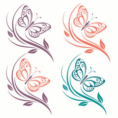 Elegant ornate butterflies floral design set vector illustration