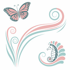 Elegant butterfly seahorse design element transparent background