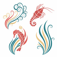 Stylized sea life and ocean waves design elements