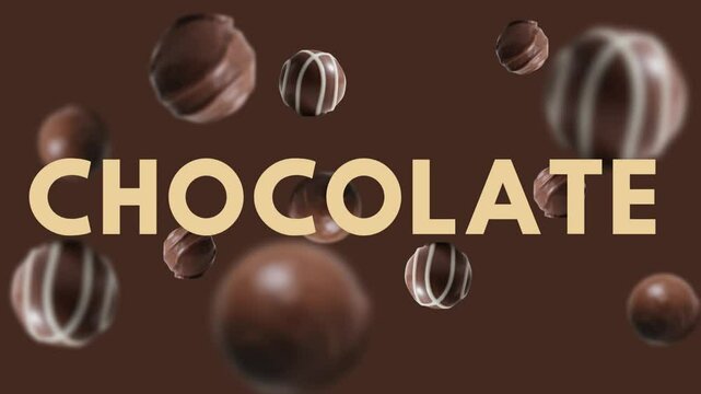 Chocolate Dessert Animation &ndash; Sweet Cocoa Visual Story. A rich and visually engaging chocolate-themed animation featuring assorted chocolate truffles and the bold word &ldquo;CHOCOLATE&rdquo; in large, elegant ty