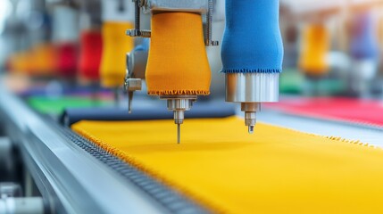 Automated sewing machines work on colorful fabric in a modern textile manufacturing facility.