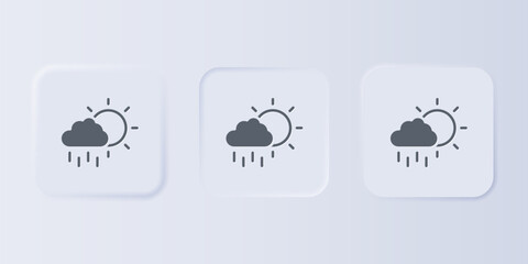 Grey Cloud with rain and sun icon isolated on grey background. Rain cloud precipitation with rain drops. Set icons in square buttons. Vector