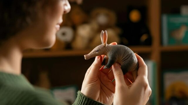 Woman holding toy aardvark in store Blurred shelves background