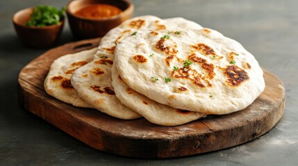 Soft and fluffy naan bread adorned with fresh herbs, served on a rustic wooden board, ideal for complementing various dishes, particularly Indian cuisine.