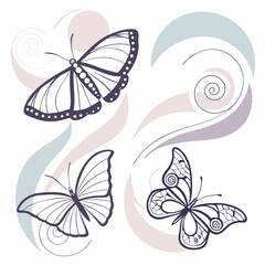 Elegant butterflies abstract swirls pastel colors nature design