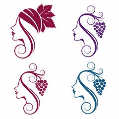 Elegant woman profile with grapes design elements on white background