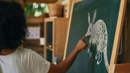 Person pointing at animal drawing on chalkboard