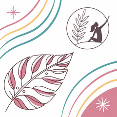 Woman silhouette nature leaf line art pastel rainbow abstract background