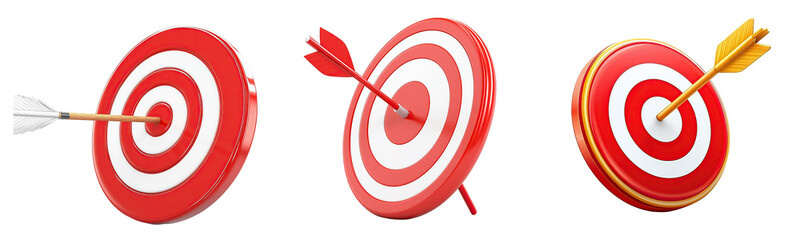 Set of red bullseye targets with arrows hitting center on transparent background