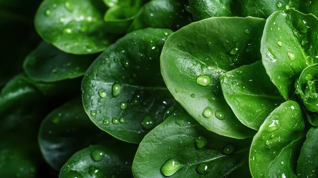 An intimate close-up of vibrant green leaves adorned with glistening dew drops, symbolizing freshness, vitality, and the beauty of nature in its purest form. - Powered by Adobe