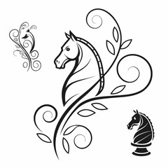 Elegant horse head design with floral swirls and chess knight