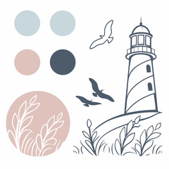 Coastal lighthouse scene with birds and abstract shapes pastel colors