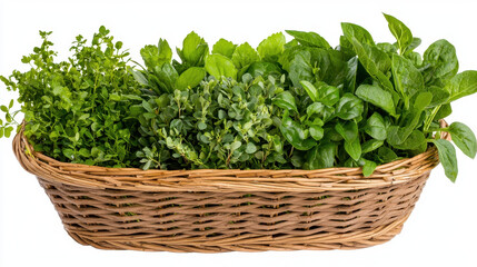 Naklejka premium Decorative basket filled with fresh green herbs, showcasing variety of textures and shades of green, perfect for culinary use or decoration