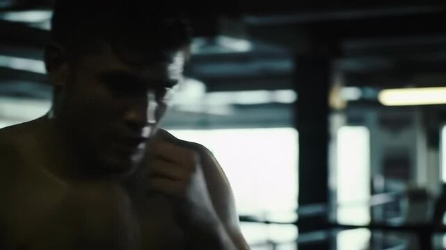 Intense shadowboxing workout in dimly lit boxing gym